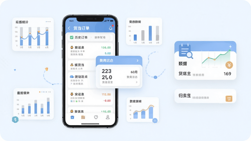 货当当货主订单对账页面展示图,画面中央为手机屏幕呈现历史订单列表与费用汇总卡片,周围以数据图表元素点缀表现统计与归档概念,布局采用左文右图的分栏结构,风格为清新浅色商务插画,细节整洁,画质清晰,无杂乱元素