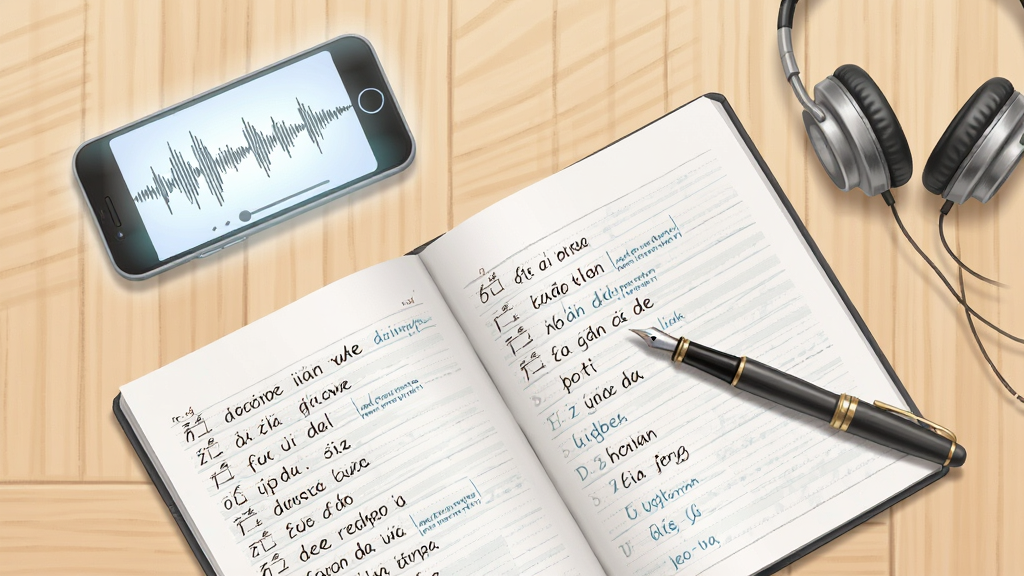 画面为一张浅色木质书桌俯视图,桌上放着一本打开的练习本,本子上写满法语听写句子,旁边是一部手机正在播放音频波形,一支钢笔斜放在本子边缘,右上角有一副耳机;风格为学习场景写实插画,布局为俯拍平铺,细节包括纸张格线、笔迹墨色、手机屏幕光晕,画质高清柔和,画面干净整洁