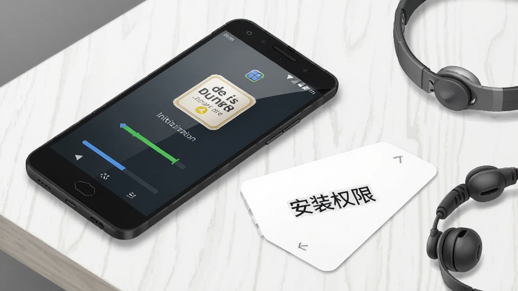 一部安卓手机平放在浅色桌面上,屏幕显示应用初始化进度条与法语词典图标,手机旁边有一张写着