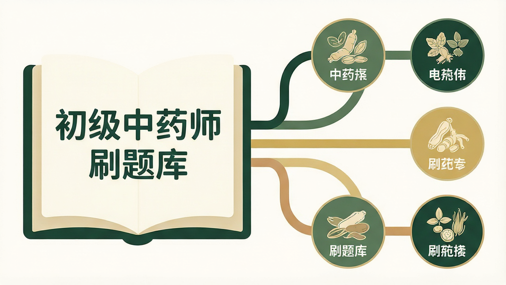 一张横向构图的AI生图,画面左侧为一本翻开的考试大纲书籍,书页上浮现出“初级中药师刷题库”字样,右侧延伸出五条彩色分支线条分别连接五个圆形图标,图标内为中药药材简笔画与对应科目名称,整体布局左右对称,风格为扁平化信息图,配色以墨绿、米白、浅金为主,细节上线条圆润、图标清晰,画质干净无杂乱背景