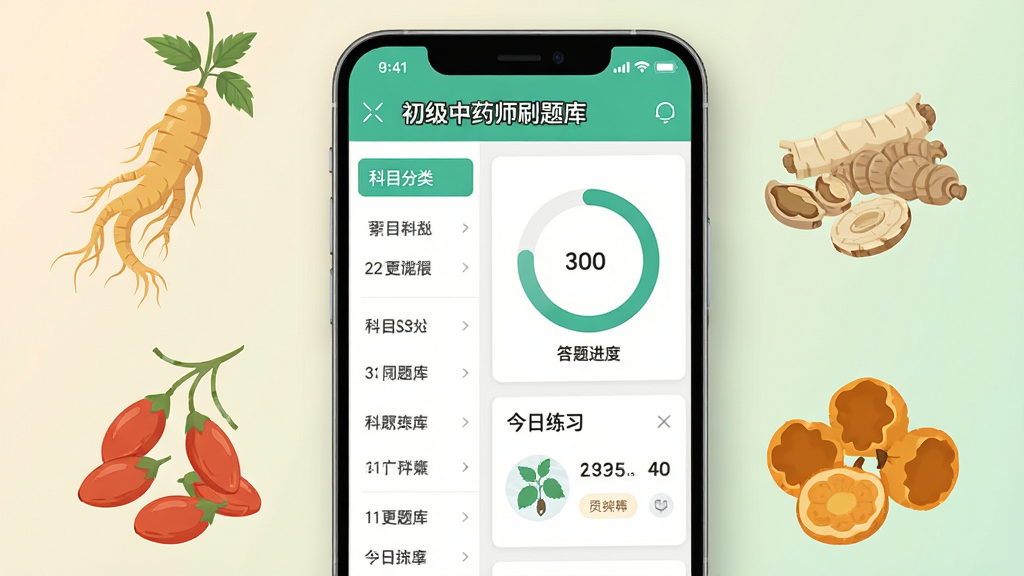 画面中央放置一部竖屏安卓手机,手机屏幕内展示“初级中药师刷题库”应用主界面,界面左侧为科目分类列表,右侧为答题进度环形图与今日练习卡片,手机周围以扁平化风格环绕中药药材插画如人参、枸杞、甘草、陈皮,背景为浅米色与淡绿色渐变,整体采用清爽教育类App视觉风格,细节上手机边缘带有柔和投影,画质清晰干净,无多余元素