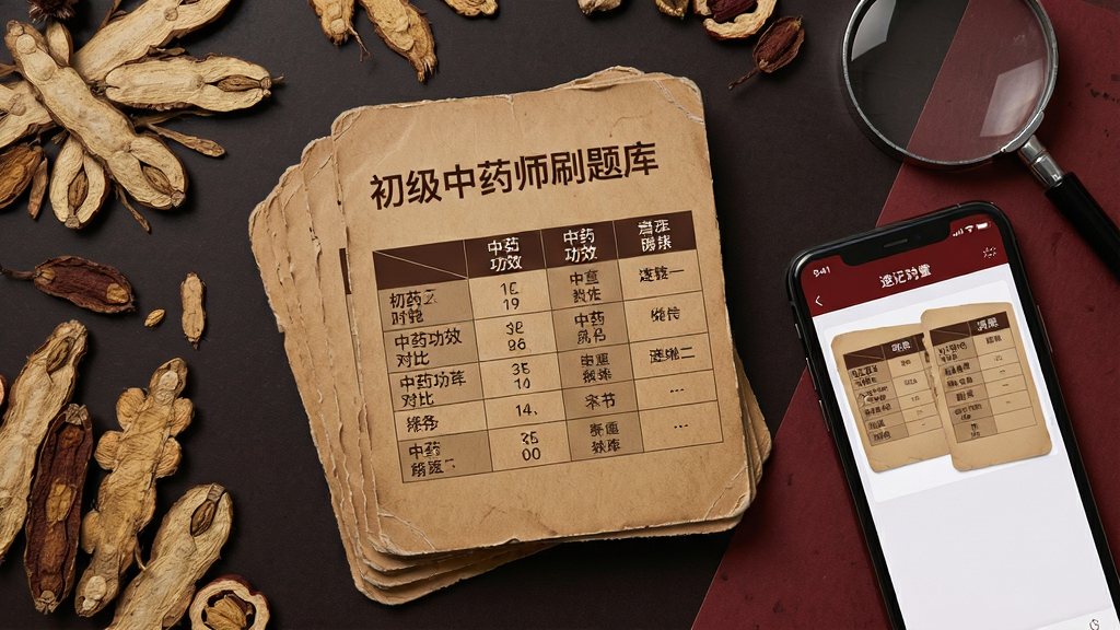 一张俯视构图的画面,桌面中央摆放一叠卡片式速记卡,最上面一张卡片印有“初级中药师刷题库”与中药功效对比表格,卡片旁边放着一部显示速记卡片界面的手机,周围点缀干枯的中药标本与放大镜,整体风格为复古学术风,配色以牛皮纸色、深棕色与暗红色为主,细节上卡片边缘有磨损质感,画质干净整洁