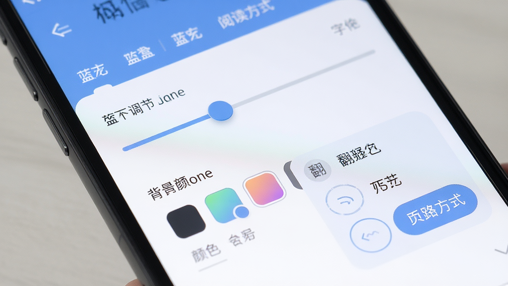 蓝狐盒子阅读设置界面展示图,手机屏幕特写显示字体调节滑块、背景颜色选项和翻页方式选择面板,界面元素排列整齐,配色柔和,风格清爽,细节清晰,画质干净,无多余元素