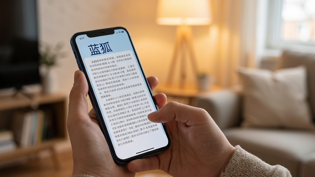 蓝狐盒子使用场景图,画面展示一只手握持手机正在使用蓝狐盒子阅读内容,手机屏幕显示清晰的文字排版页面,背景为室内柔和光线环境,风格写实自然,构图简洁,细节丰富,画质干净,无多余元素