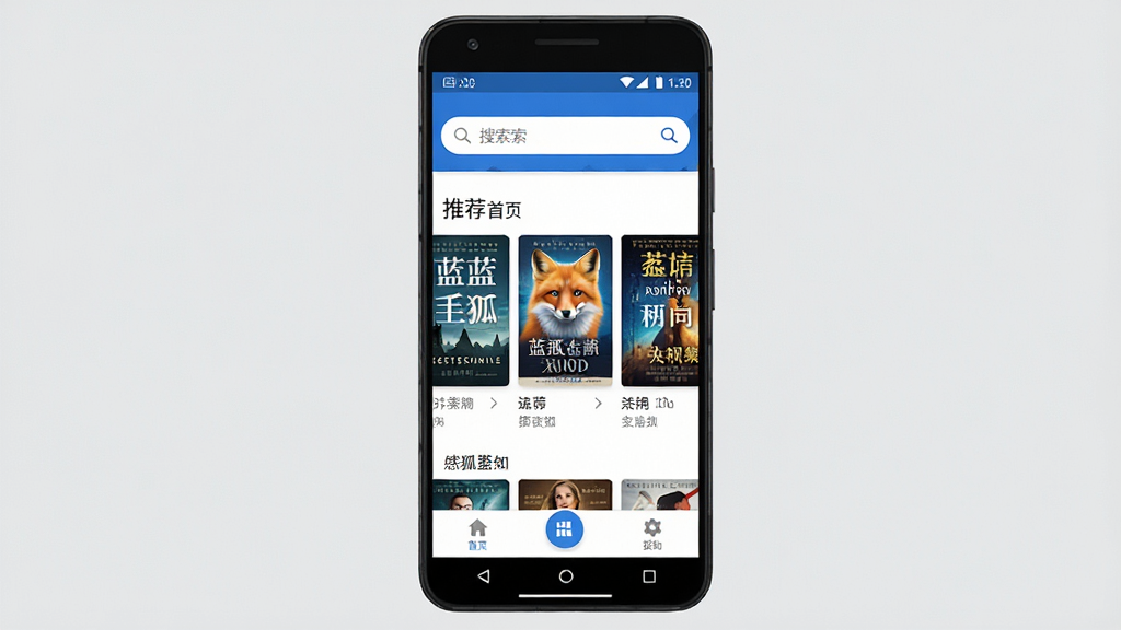 一张展示蓝狐盒子软件主界面的手机样机图,画面中央是一部竖屏安卓手机,手机屏幕上显示蓝狐盒子的首页书架布局,包含顶部搜索栏、中部推荐书封横排、底部导航栏三个主要区域,整体配色以蓝白为主,背景为浅灰色纯色,风格简洁现代,细节清晰,画质干净,无多余元素