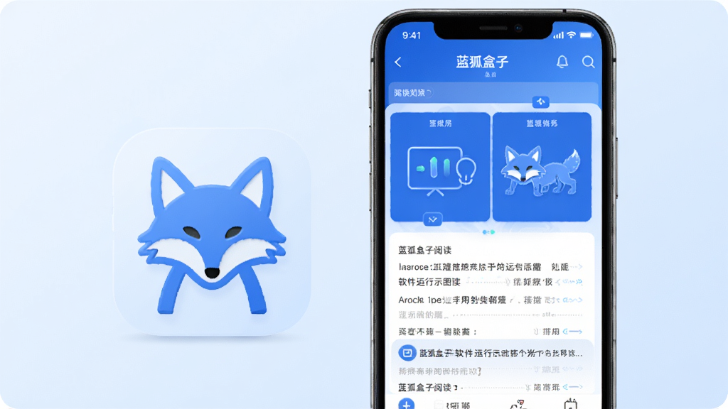 蓝狐盒子软件运行示意图,画面展示一部手机旁边放置一个轻量化的图标符号,手机屏幕显示蓝狐盒子阅读界面,背景为淡蓝色渐变,风格简约科技感,构图居中,细节清晰,画质干净,无多余元素