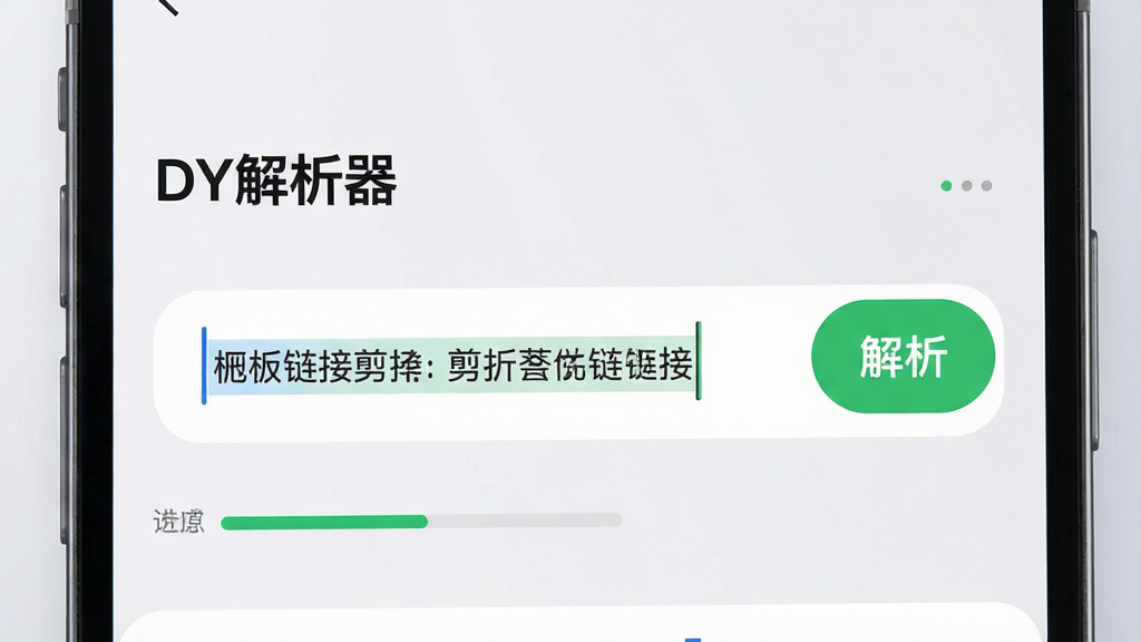 手机界面特写,展示“DY解析器”的解析输入框,剪贴板链接自动填充到输入框内,旁边有绿色“解析”按钮,界面风格清爽,背景为浅灰渐变,布局为上下结构,细节包含链接文本高亮、按钮圆角、进度提示条,画质清晰,画面干净,无多余元素