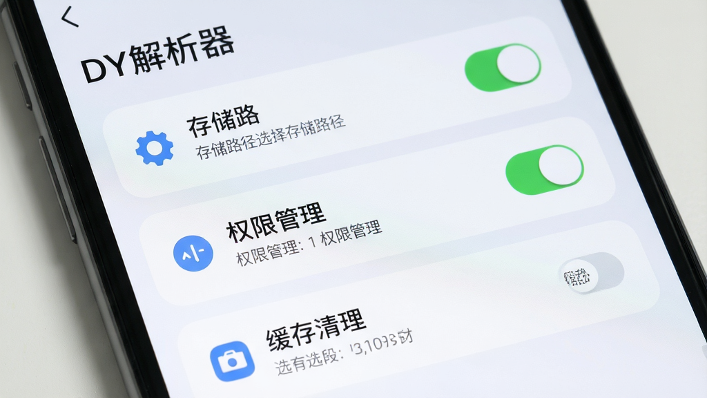 手机屏幕显示“DY解析器”设置页面,包含存储路径选择、权限管理开关、缓存清理选项,界面布局为列表式,风格为清爽浅色,细节包含图标说明文字、开关按钮状态、圆角卡片,画质高清,画面干净,无多余元素