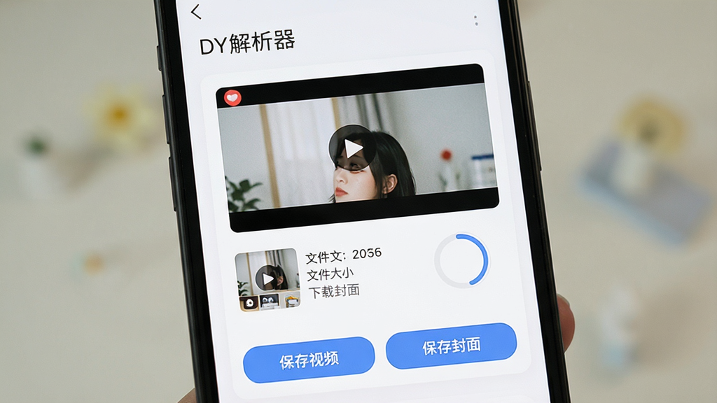 手机屏幕显示“DY解析器”解析结果页面,上方为视频预览窗口,下方排列“保存视频”“保存封面”两个按钮,界面采用卡片式布局,风格简约明亮,细节包含缩略图、文件大小标注、下载进度环,画质高清,画面干净,无多余元素