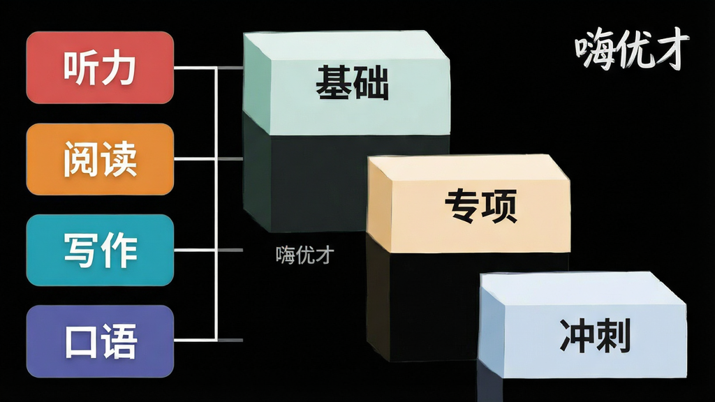 一张信息结构示意图,左侧为竖向排列的四个彩色标签,分别标注“听力”“阅读”“写作”“口语”,右侧延伸出三层阶梯状模块,标注“基础”“专项”“冲刺”,整体采用浅色扁平化设计,线条简洁,布局从左至右递进,风格清爽商务,画面中可出现“嗨优才”字样,画质清晰,背景干净无多余装饰