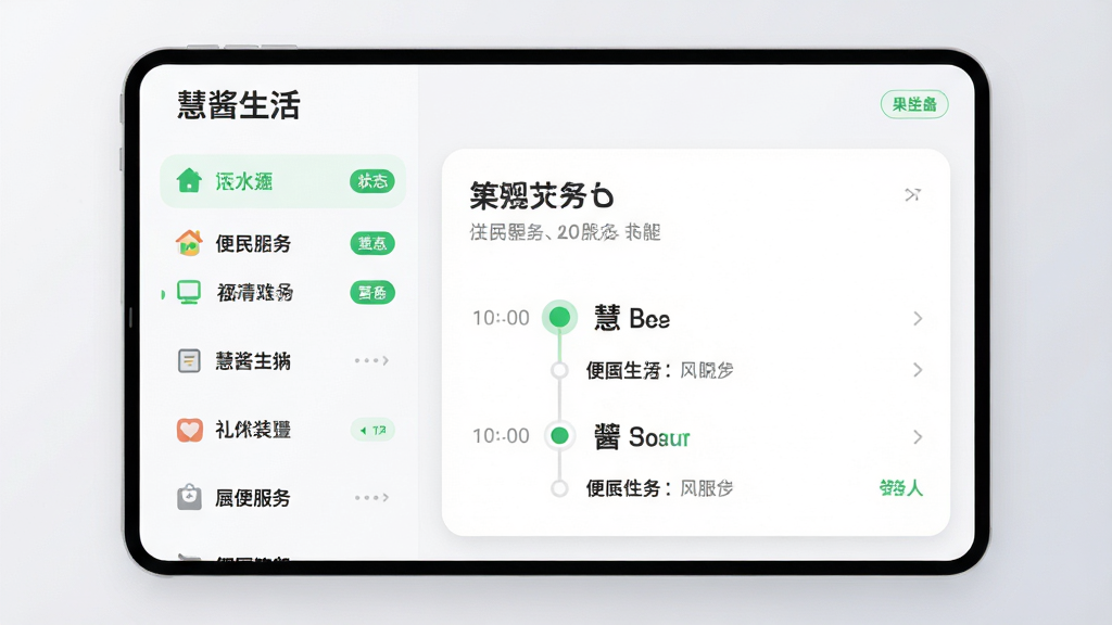 画面主体为“慧酱生活”社区便民功能界面截图风格插画,布局采用左侧功能列表加右侧详情卡片的两栏结构,排版清晰有序;风格为现代简约扁平风,细节包含绿色状态标签、时间轴节点、圆角白色卡片;画质干净锐利,背景为淡灰渐变,无多余装饰元素,突出便民服务聚合的视觉表达
