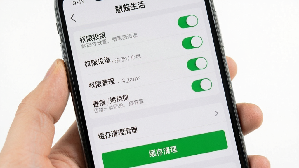 画面主体为手机屏幕展示“慧酱生活”设置页面与权限管理界面,布局为上下分栏,上方为权限开关列表,下方为缓存清理按钮;风格为写实手机界面展示风,细节包含清晰的开关状态、灰色说明文字、绿色确认按钮;画质干净明亮,背景为纯白,无多余元素,突出操作指引的直观性