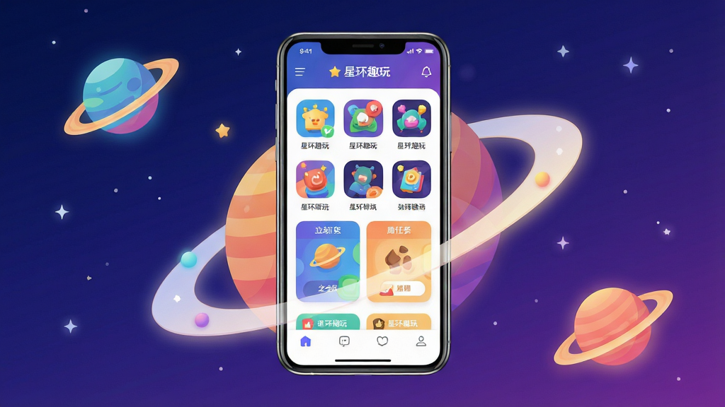 画面主体为一部智能手机居中展示,屏幕内呈现星环趣玩应用的首页界面,界面中包含多个色彩明快的趣味游戏图标与互动任务卡片,手机周围环绕着星球与光环元素的装饰图形;布局采用中心对称构图,手机悬浮于画面正中,背景为深蓝到紫色的渐变星空;排版上应用界面元素整齐排列,图标大小错落有致;风格为现代扁平化插画风,色彩鲜艳但不过度饱和;细节上手机边缘有轻微高光,星球光环带有柔和发光效果,界面文字清晰可辨,包含“星环趣玩”字样;画质清晰锐利,画面干净整洁,无多余杂乱元素。