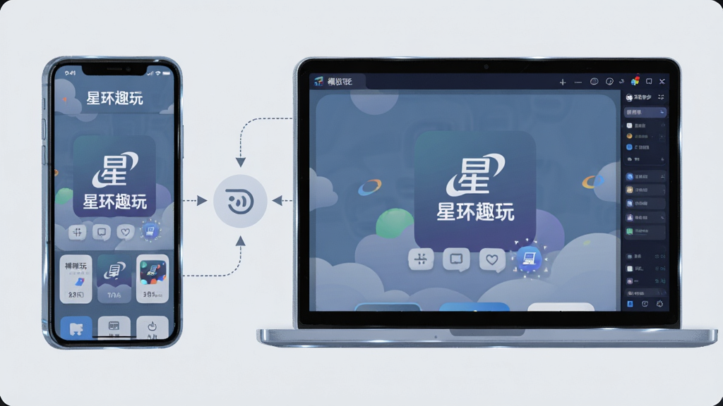 画面主体为一部手机与一台笔记本电脑并排摆放,手机屏幕显示星环趣玩的移动端界面,电脑屏幕显示模拟器中的同一应用界面,两者之间用虚线箭头连接表示数据同步;布局上手机在左、电脑在右,中间以简洁的同步图标过渡;排版清晰对称;风格为科技感扁平插画,蓝灰色调为主;细节上手机与电脑边缘带有轻微反光,界面元素可辨识,画面中标注“星环趣玩”文字;画质干净利落,背景为浅灰纯色,无多余元素。
