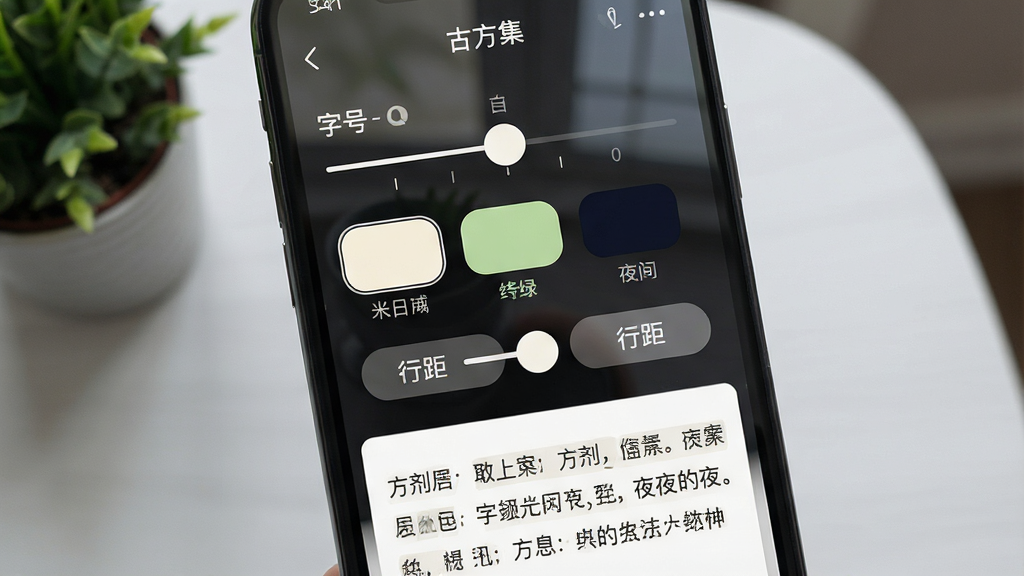 一张手机应用阅读设置界面特写图,画面中央为一部手机,屏幕显示古方集应用的阅读设置面板,面板中包含字号调节滑块、背景色选项(米白、浅绿、夜间深色)与行距调节按钮,面板下方为方剂原文预览区,文字排版疏朗,背景为浅灰色桌面与一盆绿植,风格为简约产品展示图,细节包括滑块刻度、按钮圆角与屏幕反光,画质清晰干净,无多余元素