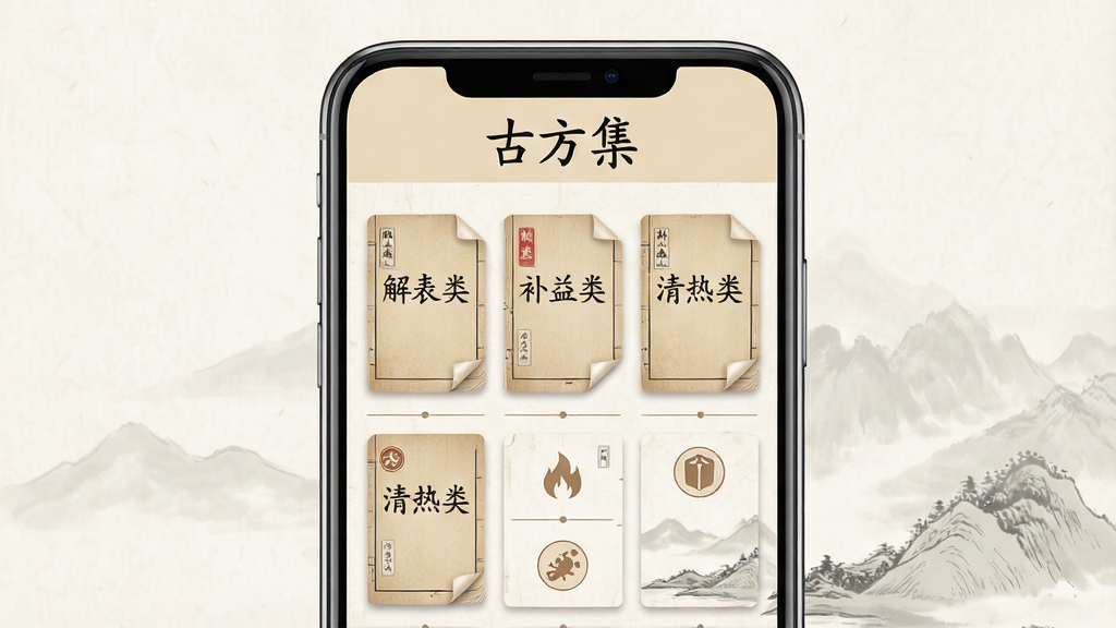 一张竖版手机应用界面展示图,画面中央是一部现代智能手机,屏幕上显示古方集应用的首页,首页顶部为浅米色标题栏,写有“古方集”三个字,下方为古籍书页风格的方剂分类卡片,卡片上标注“解表类”“补益类”“清热类”等字样,背景为淡雅的宣纸纹理与浅墨色远山线条,整体风格为清新国风扁平化设计,细节包括书页翻角、细线分隔与圆形图标,画质清晰干净,无多余装饰元素