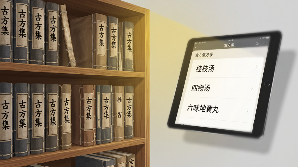 一张横向构图的数字图书馆场景插画,画面左侧为多层木质书架,书架上整齐摆放着线装中医古籍,书脊上写有“古方集”字样,右侧为一部悬浮的平板设备,屏幕上显示古方集应用的方剂目录页面,页面中列有“桂枝汤”“四物汤”“六味地黄丸”等方名,背景为暖黄色灯光与浅灰墙面,风格为写实插画,细节包括书页纹理、木质纹理与柔和阴影,画质细腻干净,无多余元素