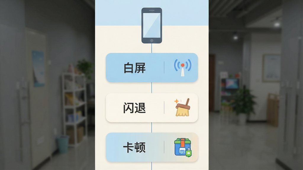 一张手机应用故障排查流程示意图,画面为竖向信息图布局,顶部为一部手机图标,下方依次排列三个问题卡片,分别写有“白屏”“闪退”“卡顿”字样,每个卡片右侧配有对应的解决图标,如网络信号图标、清理缓存图标与存储空间图标,整体配色为浅蓝与米白,风格为简洁信息图,细节包括圆角卡片、细线连接与扁平图标,画质清晰干净,无多余元素