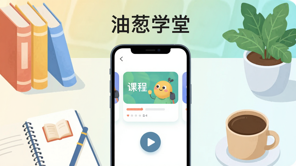 画面主体是一部智能手机竖屏展示在线学习应用界面,屏幕中央显示课程卡片与播放按钮,手机周围环绕着书籍、笔记本、咖啡杯和绿色植物,布局采用居中构图,手机位于视觉中心,上方留白放置应用名称“油葱学堂”文字,风格为清新扁平化插画,细节包括柔和的渐变背景、圆角图标、简洁的课程缩略图,画质高清干净,无多余元素