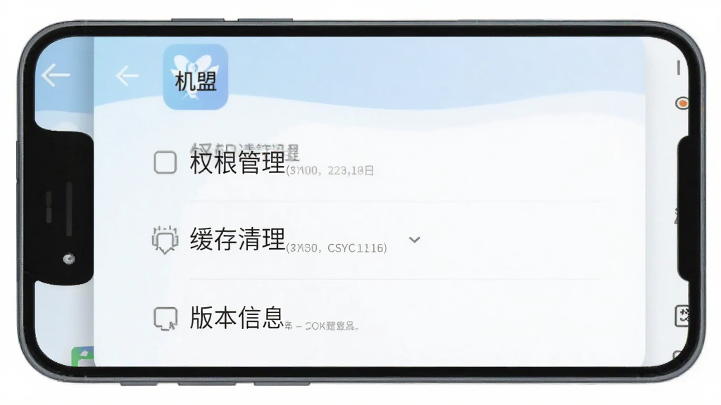 一张手机屏幕显示“机盟”应用设置页面的示意图,页面中包含权限管理、缓存清理和版本信息等选项,画面采用浅色调扁平风格,元素简洁,画质干净清晰