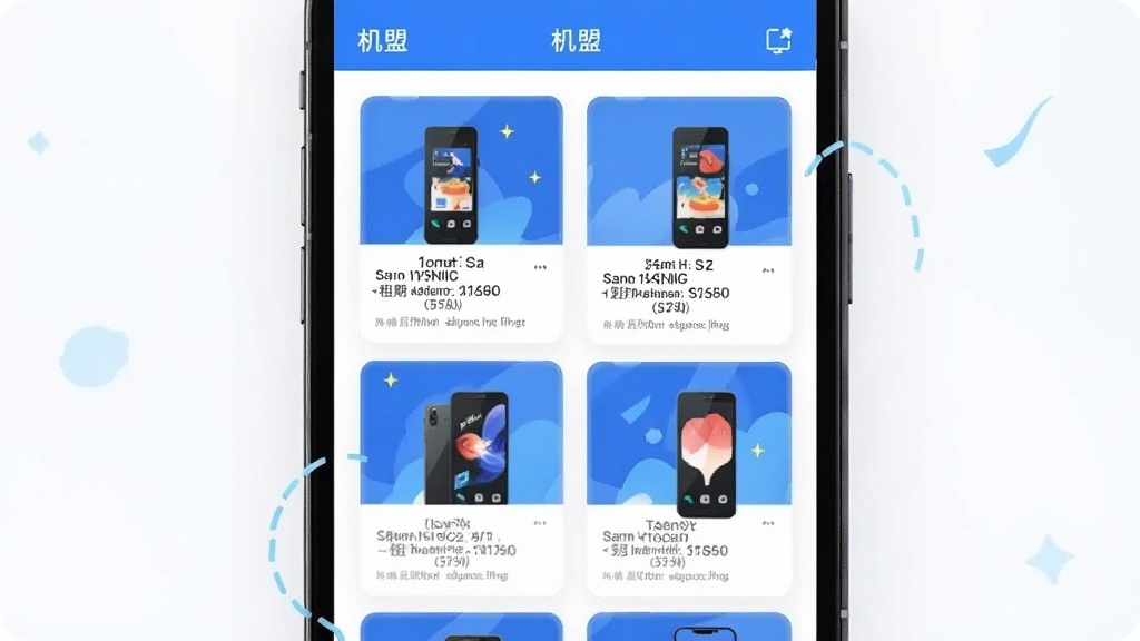 一部手机屏幕中展示“机盟”机型列表页面,多款手机卡片整齐排列,每张卡片标注配置与租期信息,画面采用明亮清新的蓝白配色,扁平化插画风格,布局规整,画质干净