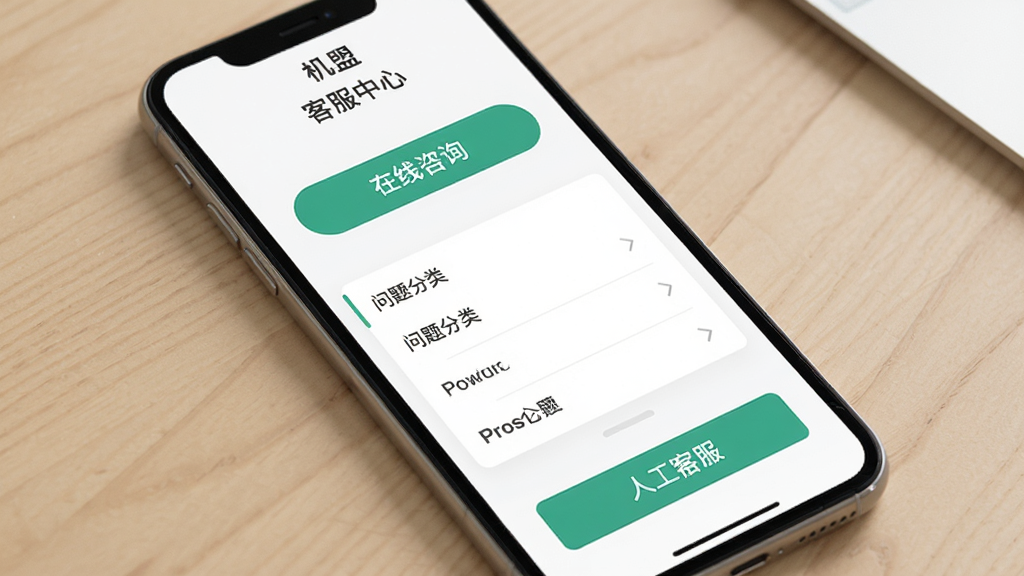 手机界面展示“机盟”客服中心页面,包含在线咨询按钮、问题分类列表和人工客服入口,画面风格简洁商务,浅色背景,元素排布疏密有致,画质清晰干净