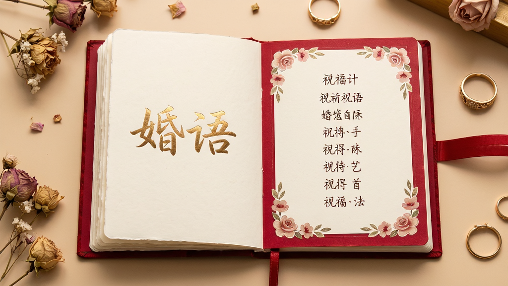 画面主体为一本摊开的精致红色婚礼祝福语录手账,左侧页面写有“婚语”二字,右侧页面排版着整齐的祝福短句与装饰花边;布局采用居中对称构图,手账放置于浅米色桌面,周围点缀少量干花与金色戒指;风格为温暖写实摄影风,细节突出纸张纹理与烫金字体反光,画质清晰干净,无多余元素