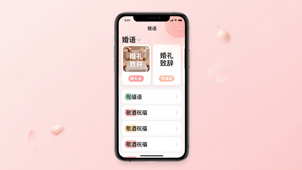 画面主体为手机屏幕展示“婚语”应用界面,屏幕中呈现场景选择卡片与祝福语列表;布局为手机居中放置,背景为柔和浅粉色渐变;风格为清新UI展示风,细节刻画卡片圆角、标签配色与文字层级,画质干净清晰,画面中文字包含“婚语”“婚礼致辞”“敬酒祝福”,无多余元素