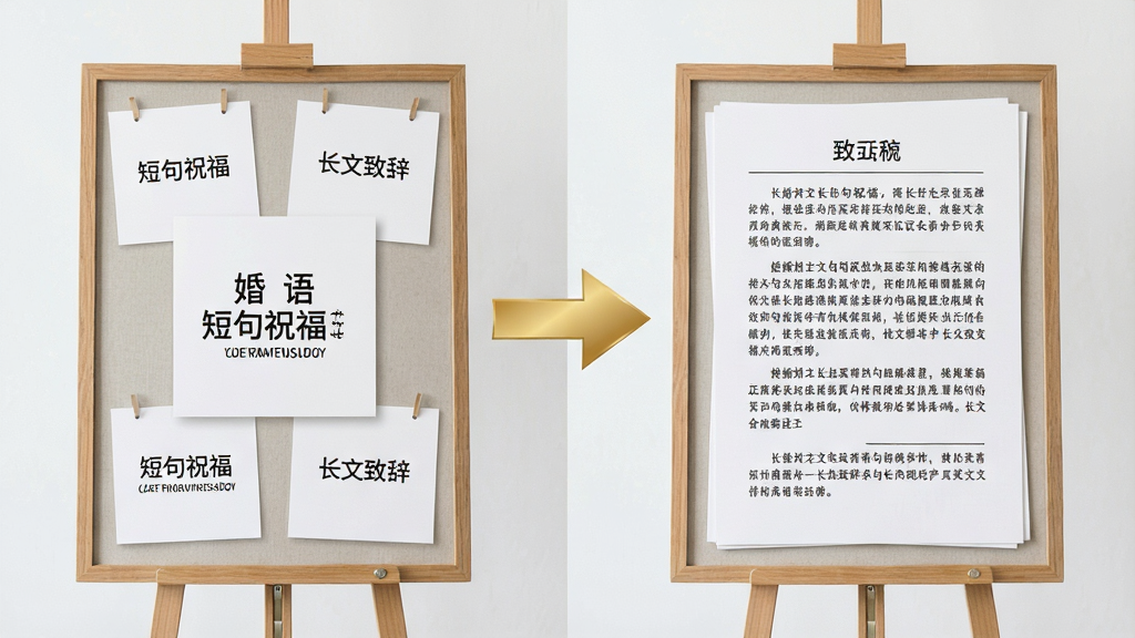 画面主体为两块并排的展示板,左侧展示短句祝福卡片,右侧展示长文致辞稿纸,两板之间用金色箭头连接;布局为左右对称,背景为浅灰白色;风格为简约信息图风,细节突出卡片文字排版与段落分隔线,画质清晰,画面中文字包含“婚语”“短句祝福”“长文致辞”,无多余元素