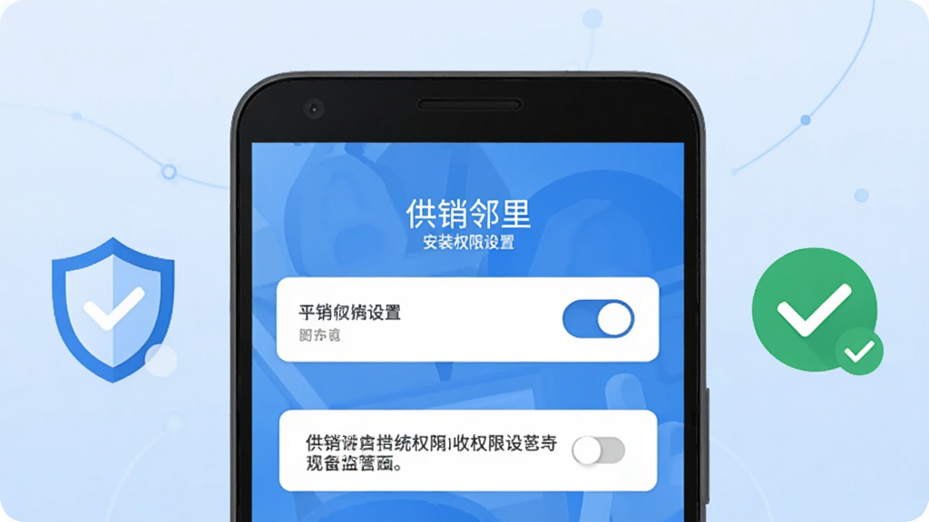 画面为一部安卓手机屏幕特写,屏幕显示“供销邻里”安装权限设置界面,旁边配有盾牌图标与对勾标记,背景为浅蓝色渐变,风格为简洁科技插画,布局上手机居中、图标环绕两侧,细节包含权限开关与提示文字框,画质清晰干净,无多余装饰