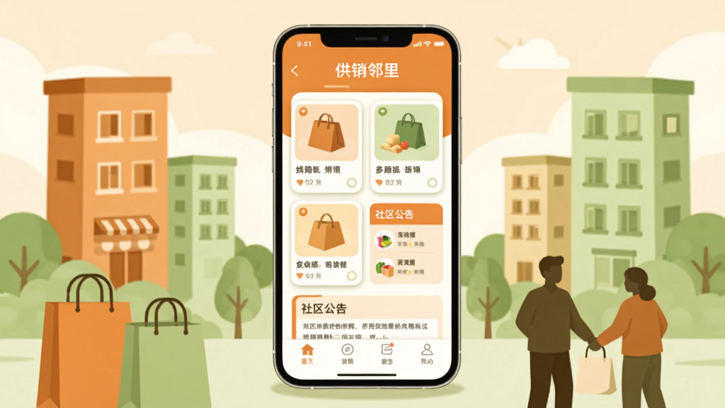画面中央放置一部智能手机,手机屏幕显示“供销邻里”应用主界面,界面包含商品卡片与社区公告栏,手机周围环绕社区楼栋、购物袋、邻里人物剪影等元素,整体采用扁平化插画风格,色调以暖橙与浅绿为主,布局上手机居中、元素左右对称分布,细节处加入柔和阴影与圆角卡片,画质清晰干净,无多余装饰元素