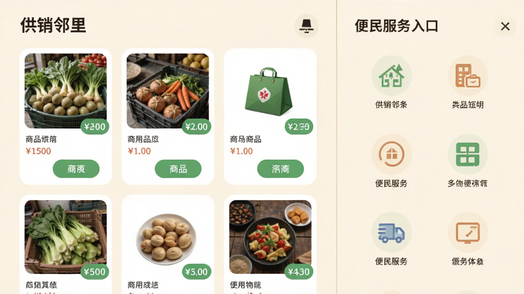 画面展示“供销邻里”应用内的商品分类页面与便民服务入口并列排布,左侧为商品网格卡片,右侧为服务图标列表,中间以浅色分隔线区分,背景为淡米色,风格为清新扁平化设计,细节包含商品缩略图、价格标签与圆角按钮,画质清晰干净,排版整齐