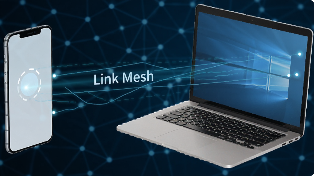 Link Mesh 虚拟组网示意图,画面左侧是一部手机,右侧是一台笔记本电脑,中间由发光的蓝色线条连接并标注