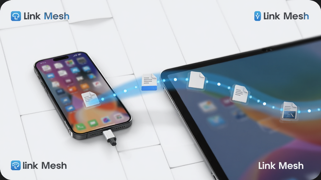 Link Mesh 文件传输场景图,画面中手机与平板之间有一条数据传输动画,文件图标沿线条移动,界面角落显示