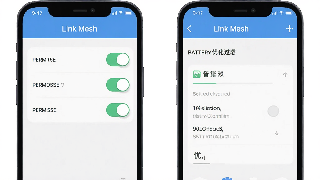 Link Mesh 手机端设置界面示意图,画面展示权限开关与电池优化选项,界面顶部有