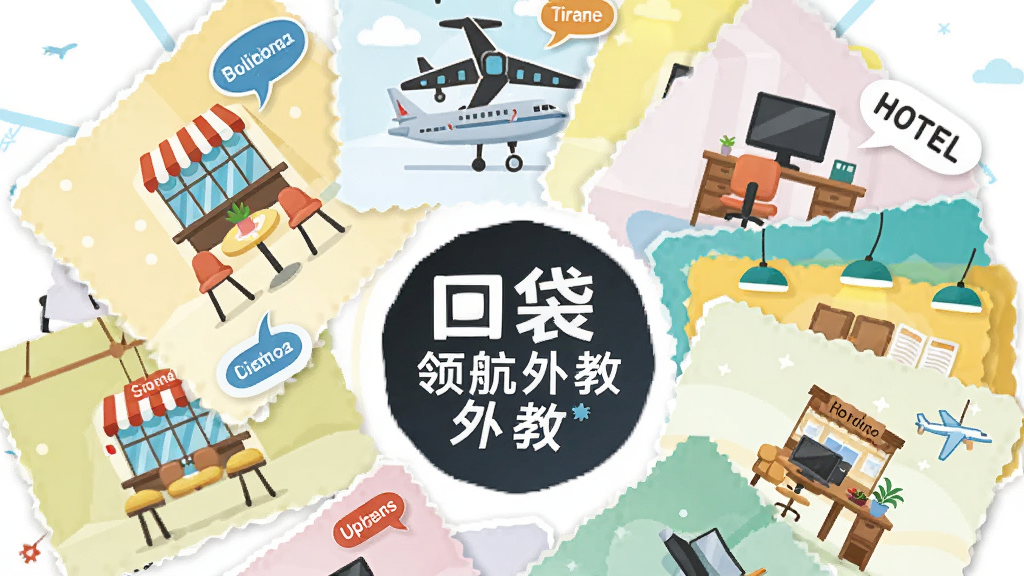 主体为多个场景卡片呈扇形展开,卡片上分别绘制餐厅、机场、办公室、酒店等简笔图标;布局为卡片环绕中心