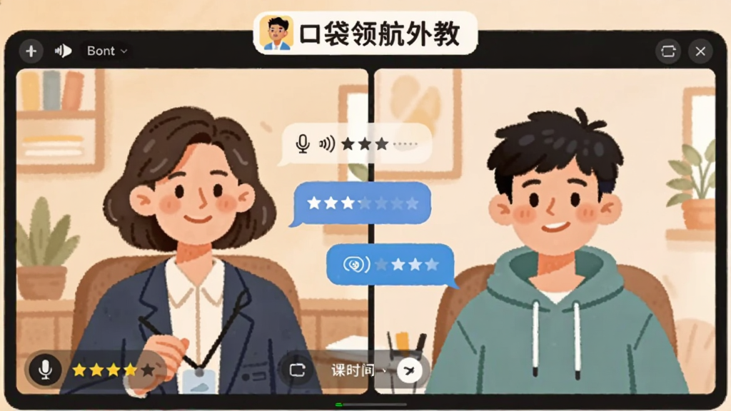 主体为一位外教老师与一位学习者在视频对话窗口内交流,窗口位于画面中央;布局为左右分屏,左侧外教、右侧学习者,中间有对话气泡;排版上方放置