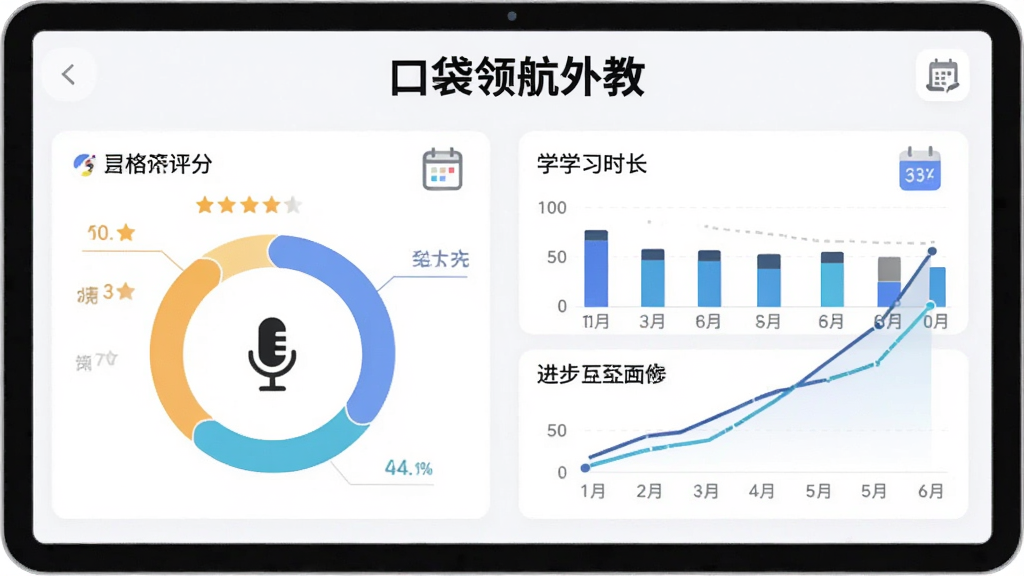 主体为一块数据看板界面,看板上显示发音评分环形图、学习时长柱状图和进步曲线;布局为看板居中,四周留白;排版上标题区写