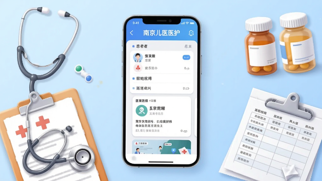 一张横版数字插画,画面中央是一部智能手机,手机屏幕上显示“南京儿医医护”应用界面,界面包含患者列表和医嘱卡片,手机周围环绕着听诊器、病历夹、药瓶和排班表等医疗元素,背景为浅蓝色渐变,风格简洁现代,细节清晰,画质干净,无多余装饰元素