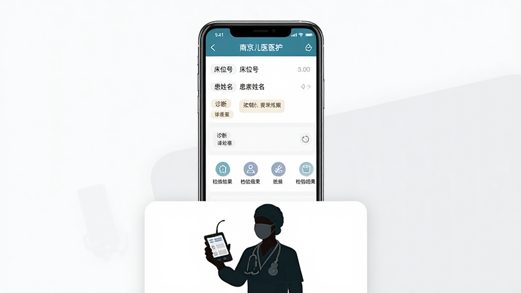 一张竖版应用界面展示图,画面主体为手机屏幕,屏幕上呈现“南京儿医医护”患者信息列表页面,包含床位号、患者姓名、诊断标签和检验结果图标,手机下方有医护人员手持设备的剪影,背景为干净的白色与浅灰配色,风格商务简洁,细节清晰,画质干净,无多余元素