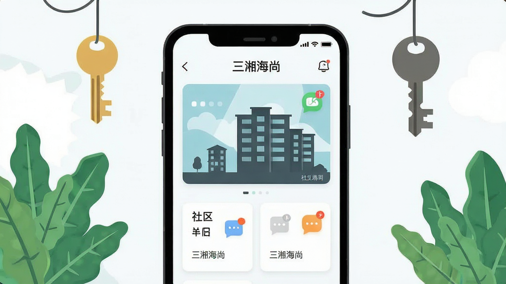 主体为一部智能手机屏幕显示社区服务应用界面,布局采用居中构图,手机两侧点缀绿植与钥匙元素,排版简洁清晰,风格为现代扁平化插画,细节包含界面卡片、社区楼栋剪影与消息图标,画质高清干净无多余元素,图片中文字标注“三湘海尚”