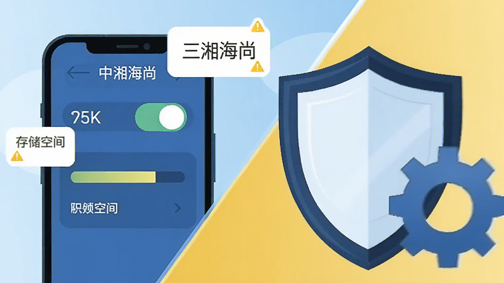 主体为一部手机与警示图标组合,布局为对角线构图,排版左侧为手机界面右侧为盾牌与齿轮元素,风格为简约商务扁平插画,细节包含权限开关图标、存储空间条与提示气泡,画质高清干净无多余元素,图片中文字标注“三湘海尚”