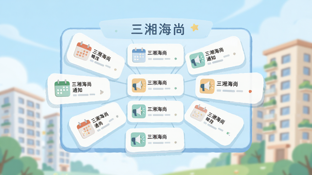 主体为一块悬浮的信息公告板,布局为居中放射状,排版以卡片列表形式展示通知条目,风格为清新浅色扁平插画,细节包含日历图标、喇叭图标与社区楼栋背景,画质干净清晰无多余元素,图片中文字标注“三湘海尚”