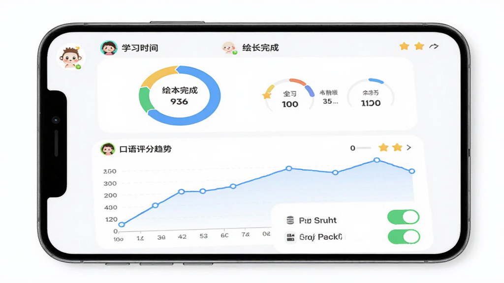 呱呱AI英语学习报告与家长管控界面,主体为手机屏幕展示学习数据面板,布局上方为学习时长与绘本完成数量的环形图表,中部为口语评分趋势折线,下方为家长管控开关列表,排版清晰规整,风格简约现代、浅色背景,细节包含卡通头像与星星图标,画质清晰干净,无多余元素