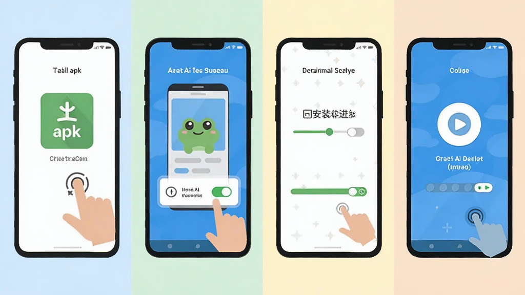 呱呱AI英语安卓手机安装步骤示意图,主体为手机屏幕依次展示下载apk、允许未知来源安装、安装进度条、打开软件四个步骤画面,布局为四格横向排列,排版清晰有序,风格扁平化插画、浅色背景,细节包含手指点击图标与权限开关示意,画质清晰干净,无多余元素