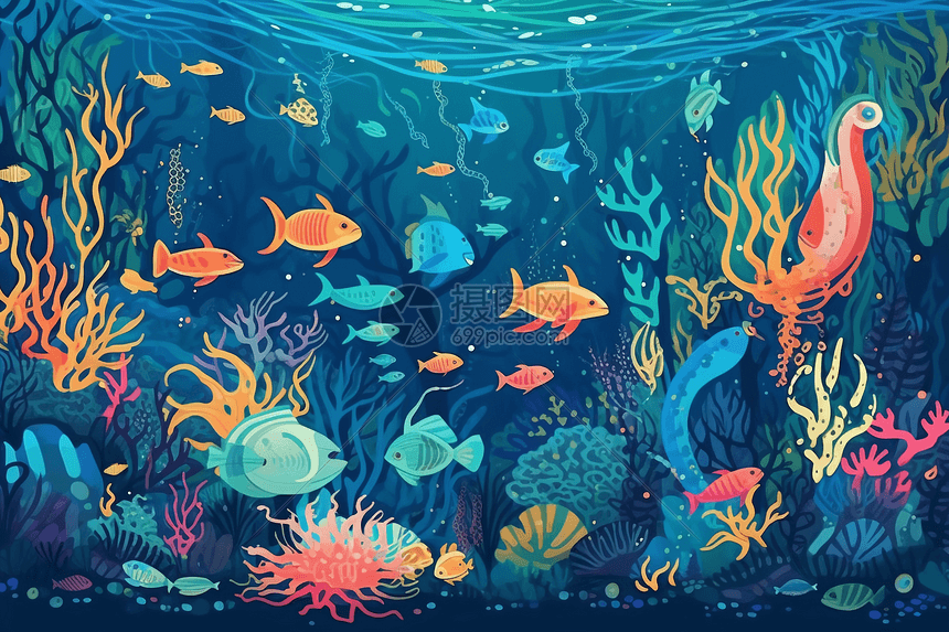 生命海洋 海洋生命奇观全景 潮间带深海生物插画