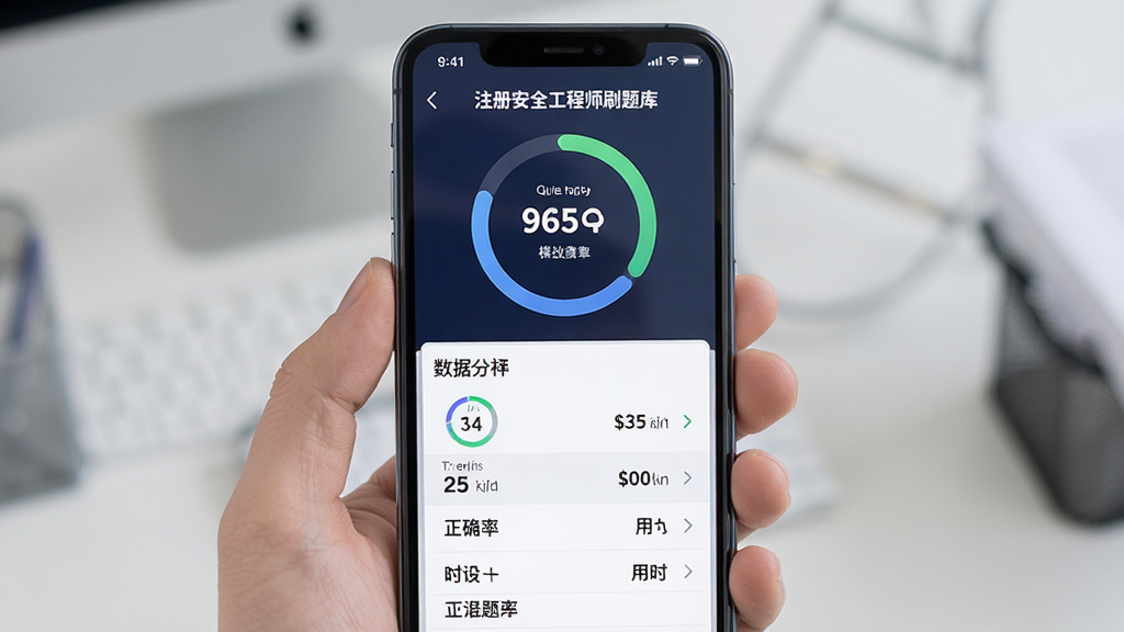 主体为手机屏幕展示模拟考试得分报告页面,布局上下结构上方分数圆环下方数据列表,排版清晰层次分明,风格现代数据可视化风,细节包含分数、正确率、用时等图表元素,画质高清干净无多余元素,画面中打文字“注册安全工程师刷题库”