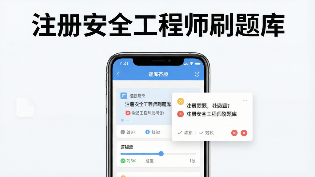 主体为一部智能手机屏幕显示题库答题界面,布局居中展示手机与悬浮的题目卡片,排版上方留白放置标题文字,风格清爽扁平化学习工具风,细节包含答题卡、进度条、对错标记图标,画质高清干净无多余元素,画面中打文字“注册安全工程师刷题库”
