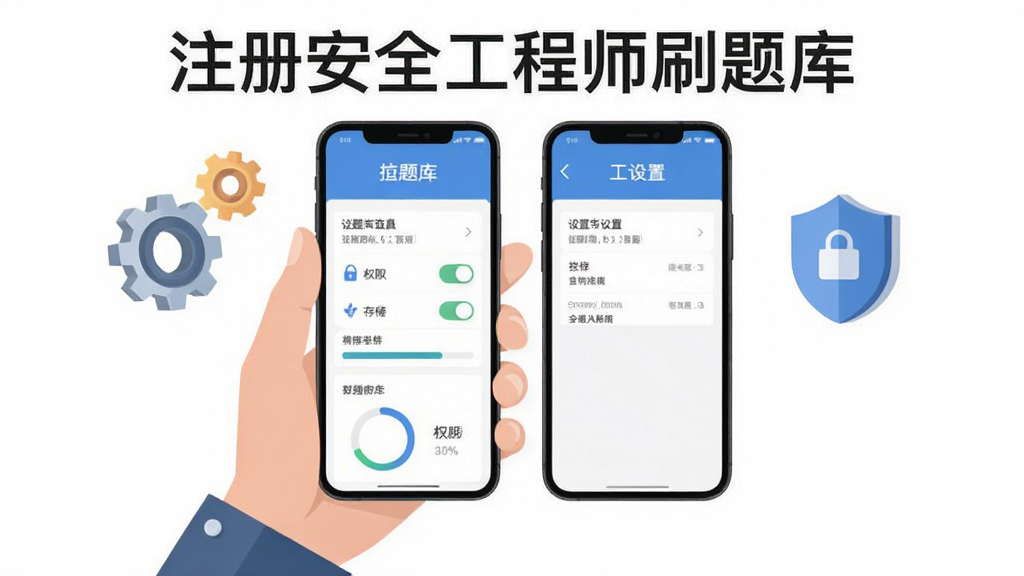 主体为一只手握手机展示题库首页与设置界面,布局手机居中两侧漂浮齿轮与盾牌图标,排版简洁居中,风格扁平化操作指引风,细节包含权限开关、存储条、进度环元素,画质高清干净无多余元素,画面中打文字“注册安全工程师刷题库”