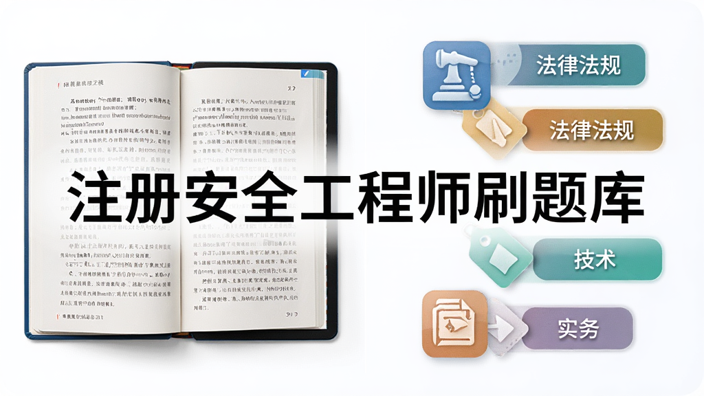 主体为一本摊开的电子书与悬浮的四个科目标签图标,布局左右分栏左侧书籍右侧标签,排版整齐对称,风格简约教育科技风,细节包含法律法规、管理、技术、实务字样标签,画质清晰干净无多余元素,画面中打文字“注册安全工程师刷题库”